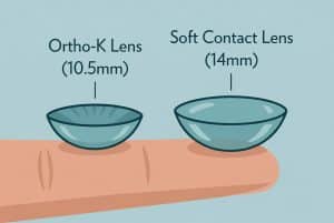Diagram comparing the size of an Ortho-K contact lens (10.5mm) to a standard soft contact lens (14mm) on a fingertip