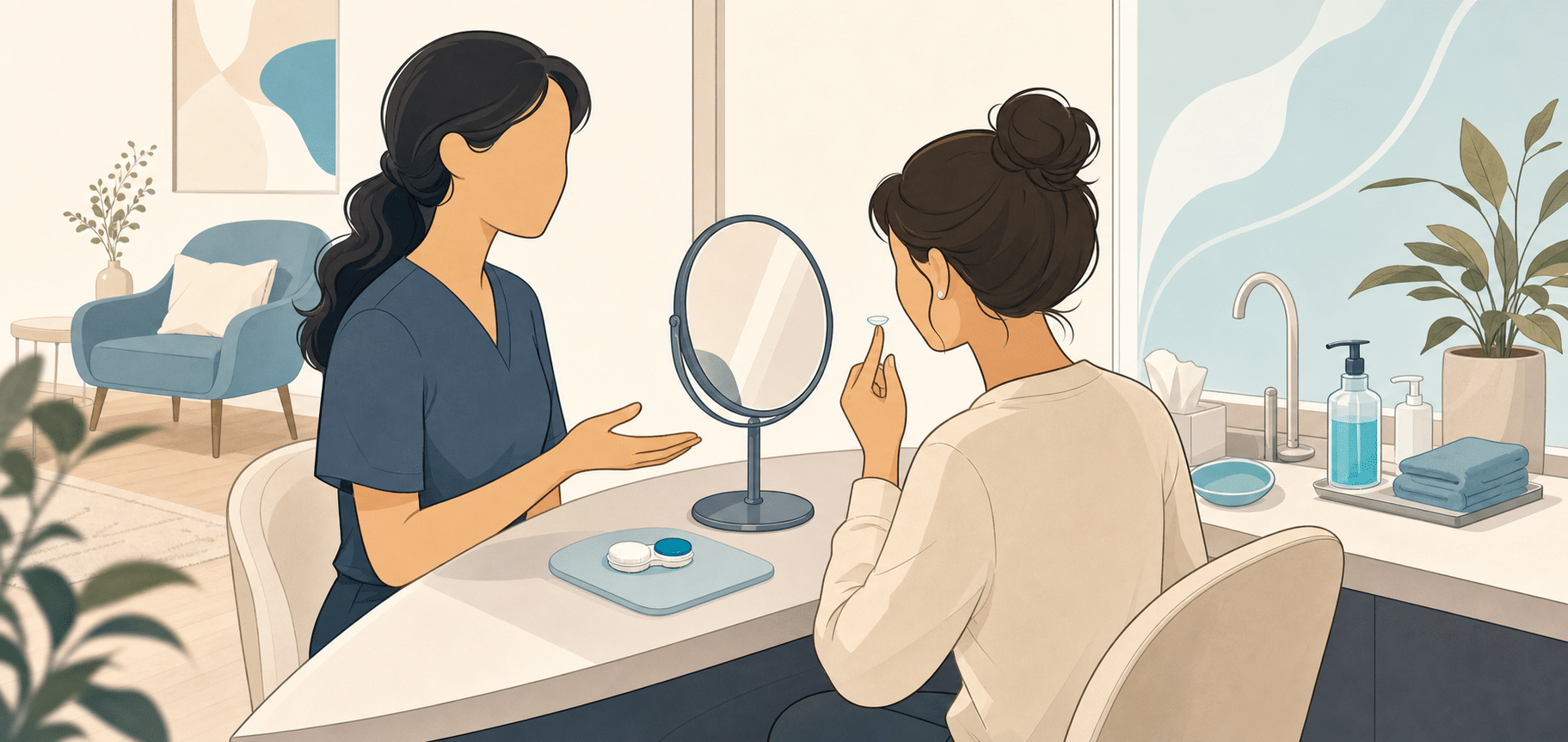 A COVE staff member guiding a first-time contact lens patient through insertion training at the office in New Albany, Ohio