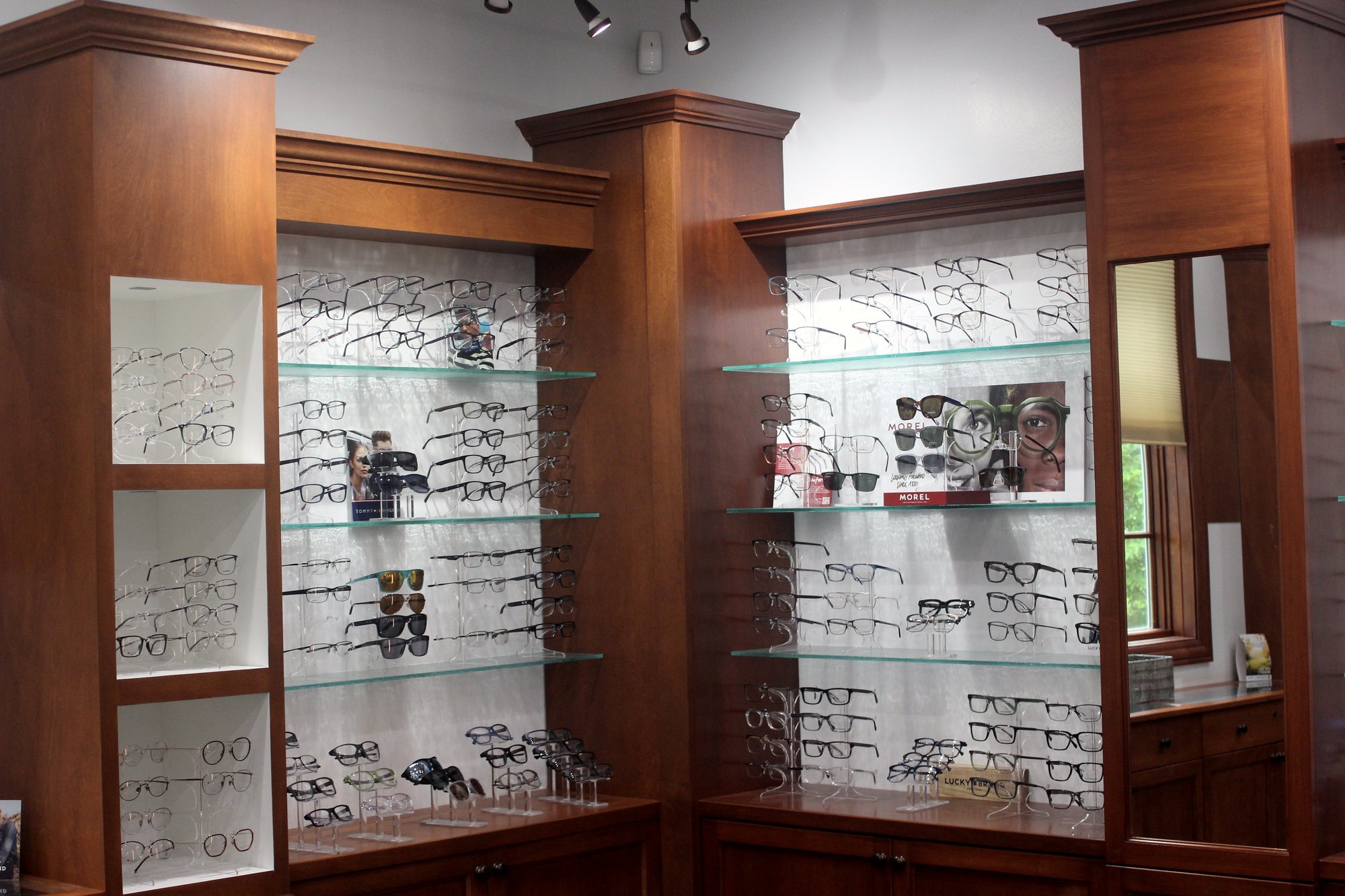 Sunglasses and eyeglass frames on display at Central Ohio Vision and Eyecare in New Albany, Ohio