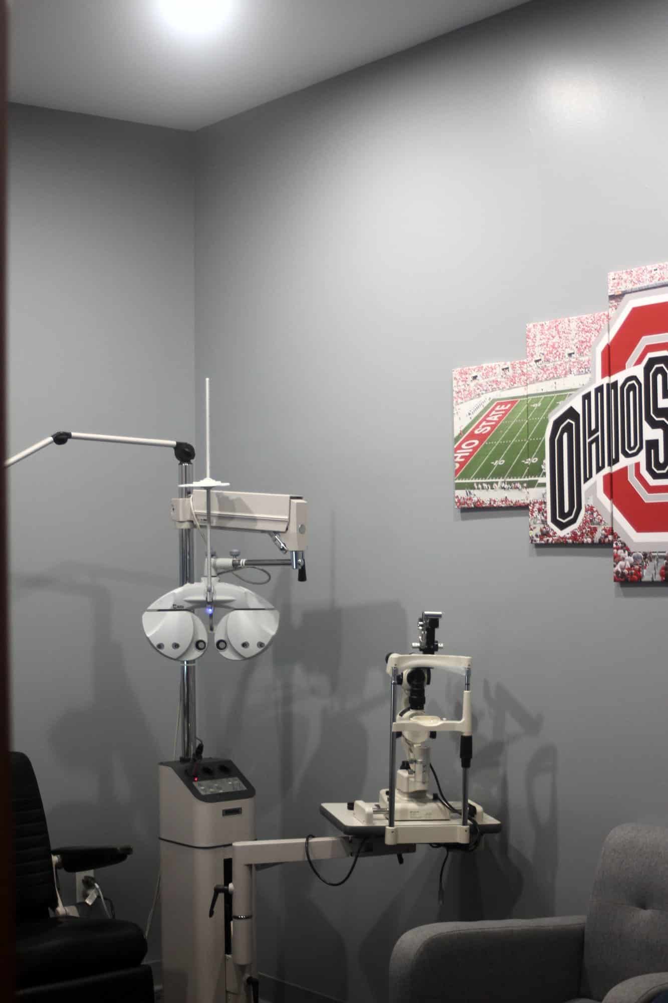 Digital refraction equipment in an exam room at Central Ohio Vision and Eyecare in New Albany, used for routine eye exams