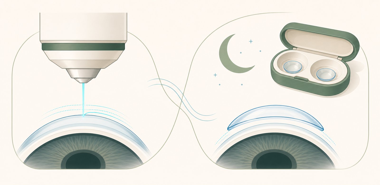 Illustration of two paths to daytime clarity: reversible overnight ortho-k lenses and permanent LASIK surgery