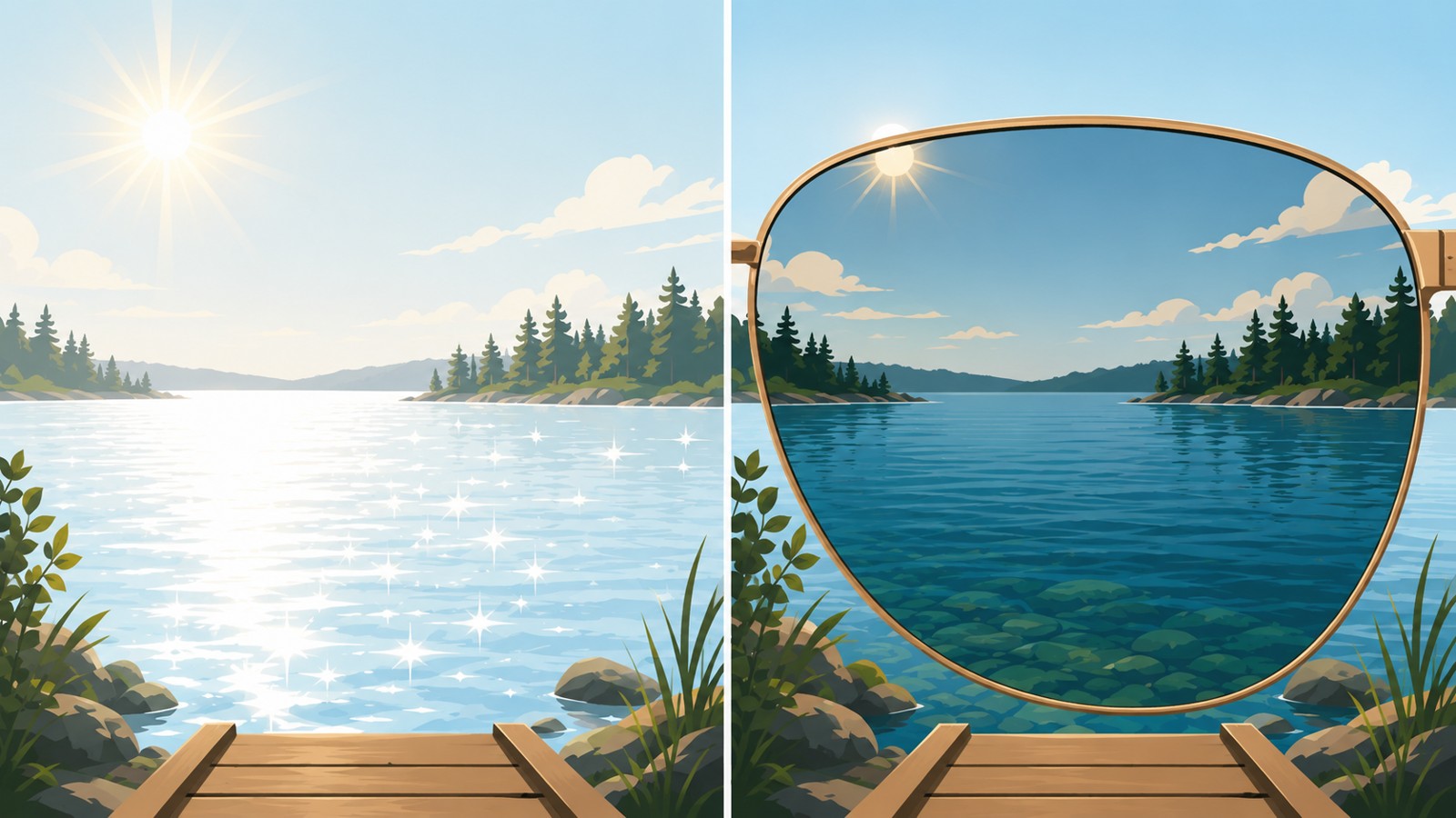 Split illustration of a lake on a bright day: without a polarized lens the water is washed out by glare; through a polarized sunglass lens the glare is gone and the water looks clear and blue