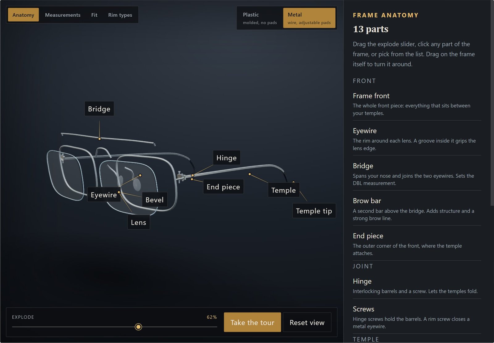 The same COVE frame explorer switched to a metal frame and pulled apart, showing the thin wire eyewires, bridge, hinges, and temples separated and labeled.