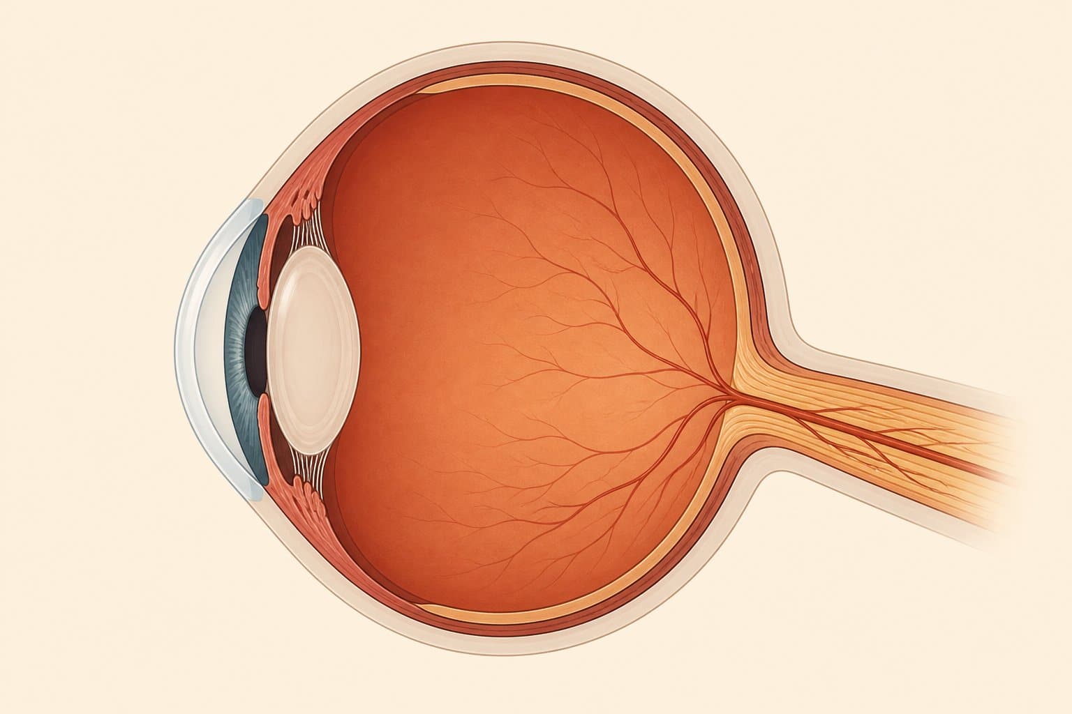 Illustration of a cross-section of the human eye with the optic nerve exiting the back of the eye, the nerve glaucoma damages
