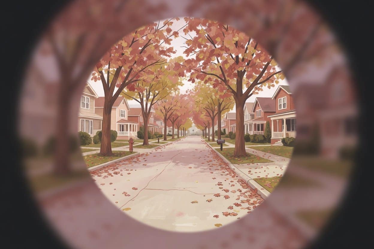 Illustration of a neighborhood street with the edges of the scene blurred and faded, showing how glaucoma slowly erodes side vision