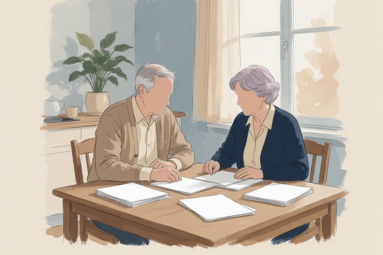 Illustration of an older couple sitting at a kitchen table together, reviewing insurance paperwork