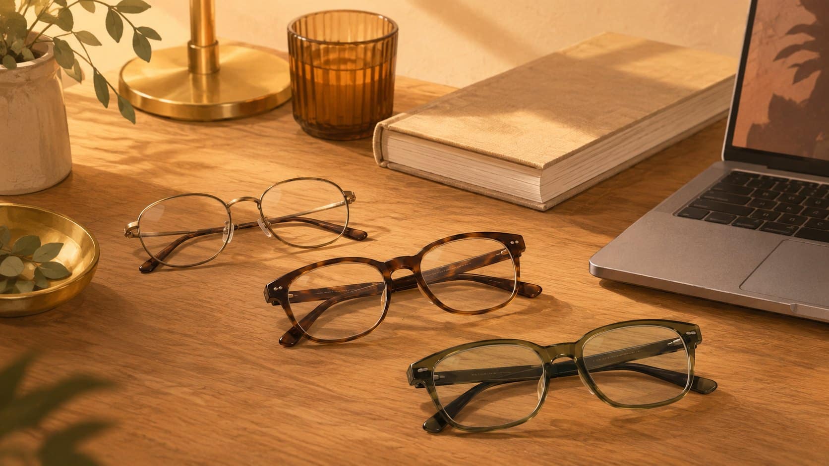 Three types of glasses for reading, all-day wear, and computer work, side by side