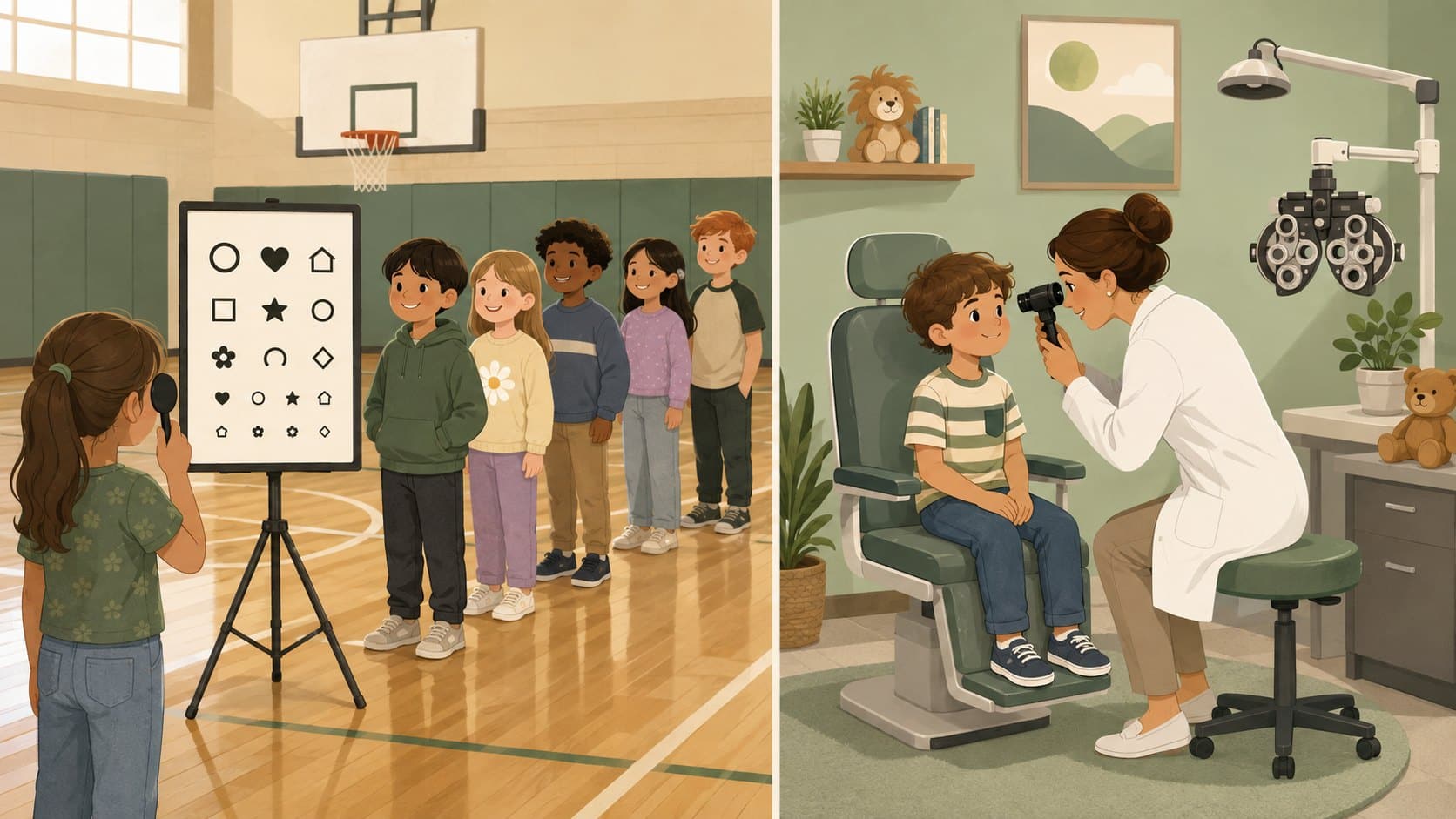 Illustration comparing a school vision screening with a comprehensive children's eye exam in New Albany, Ohio