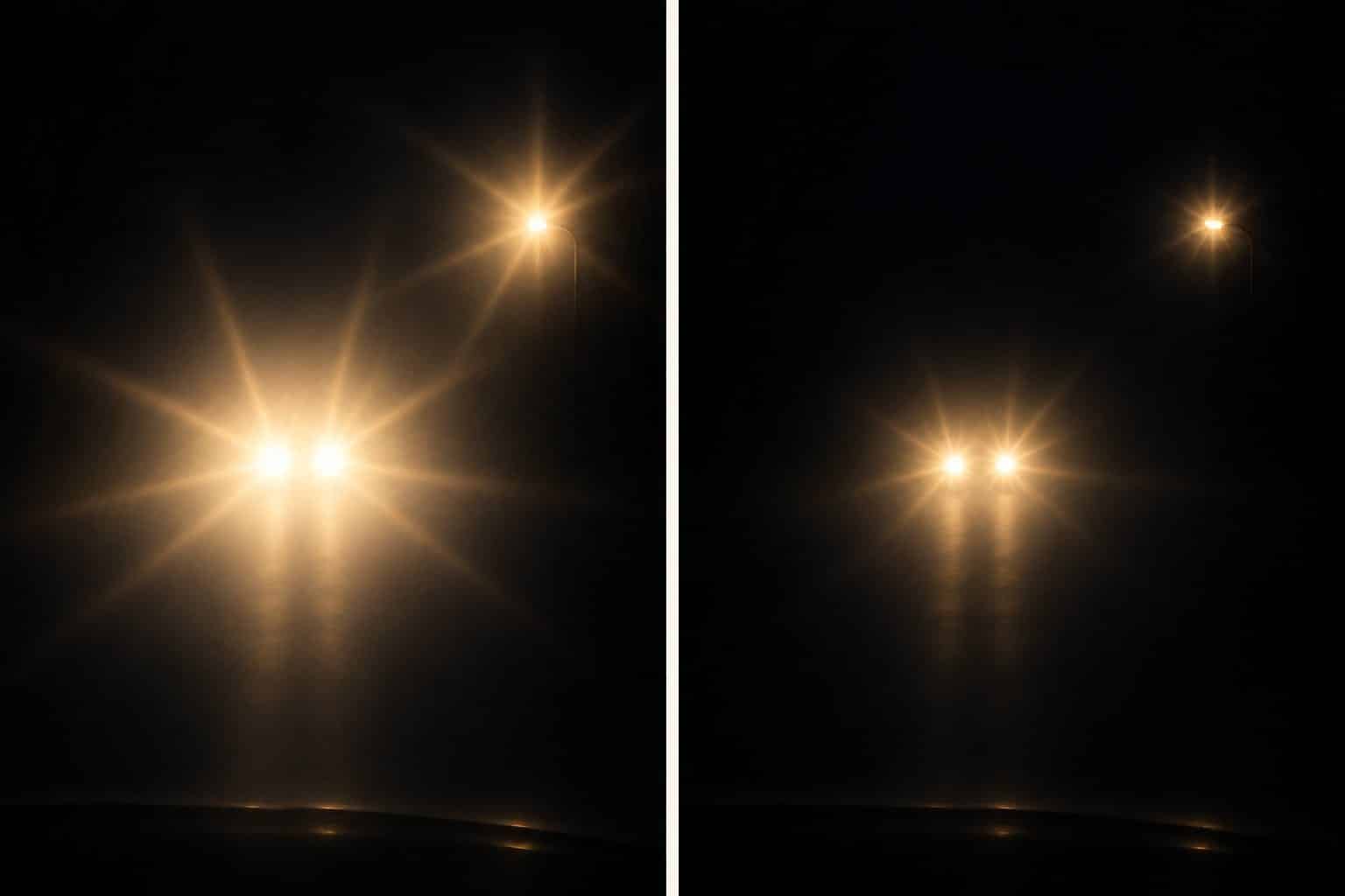 Side-by-side illustration of the same dark road: on the left, headlights with long starbursts and wide glare; on the right, the same lights with shorter, tighter starbursts.