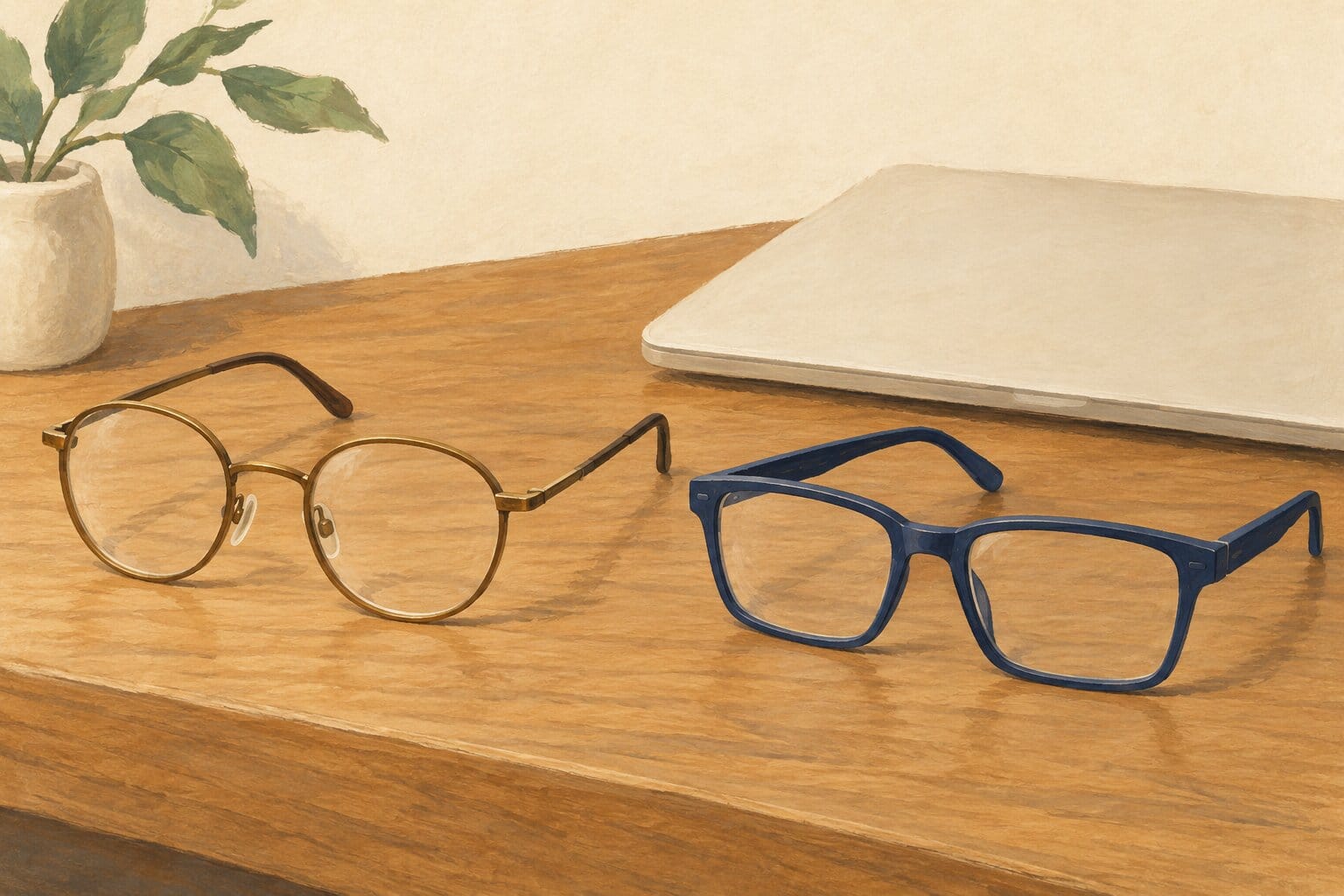 Illustration of two different pairs of eyeglasses side by side on a desk, an everyday pair and a pair made for a specific task