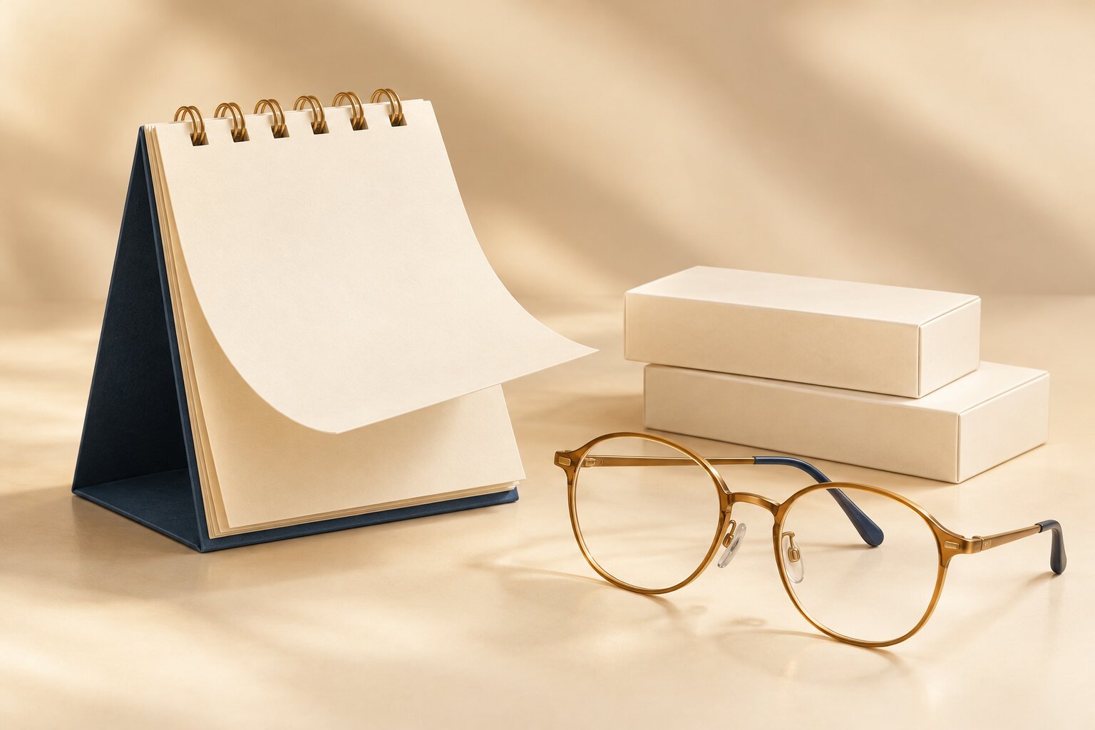 Illustration of a desk calendar mid-turn beside a pair of glasses and contact lens boxes, representing vision benefits