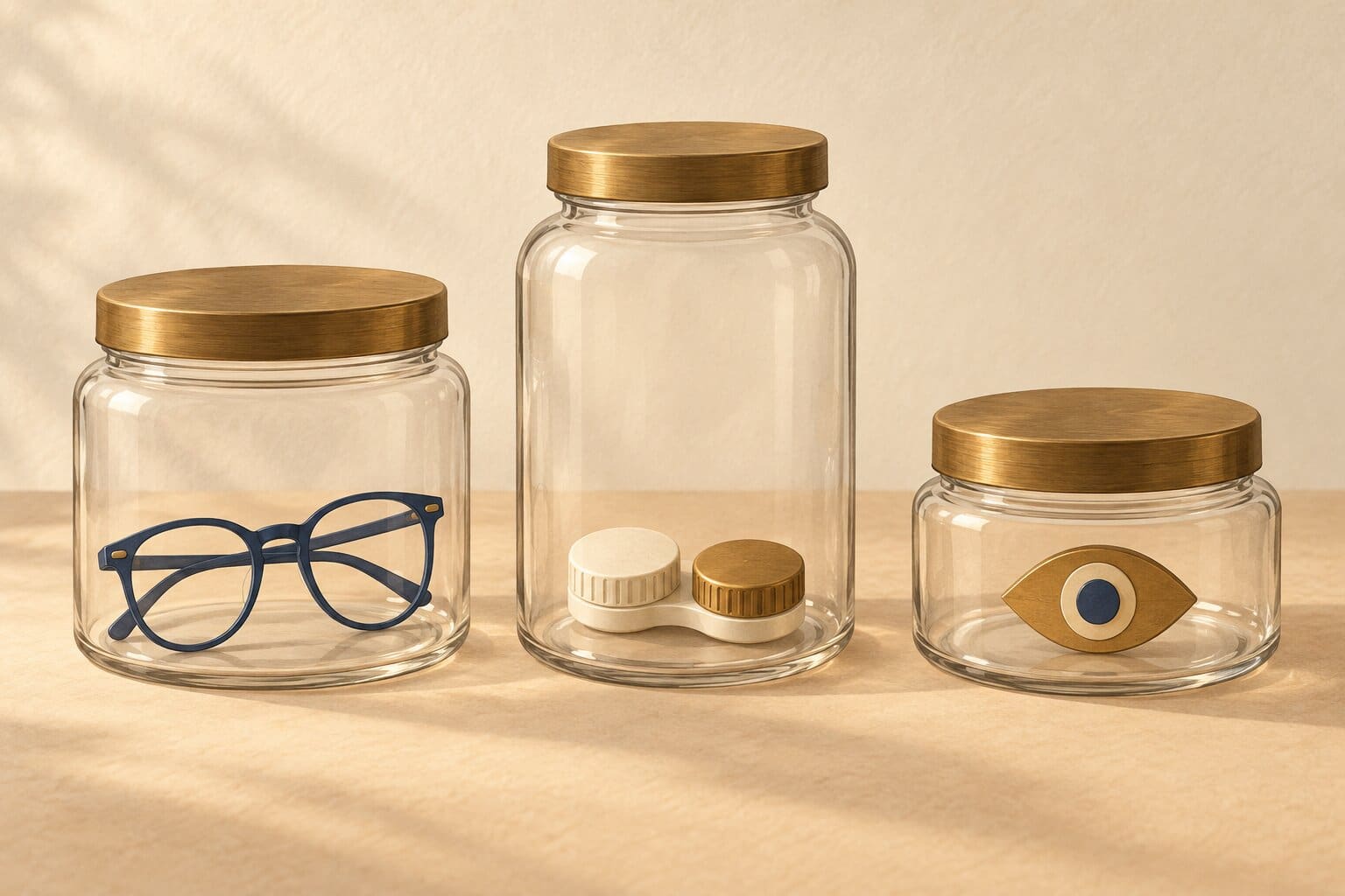 Illustration of three glass jars holding a pair of glasses, a contact lens case and an eye-shaped token, representing the exam, glasses and contact lens parts of a vision plan
